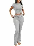IWOLLENCE Lounge Set Damen Zweiteiler Hausanzug Kurzarm Oberteil mit Breitem Elastischem Hosenbund Schlaghose Loungewear Set (Hell Grau, XS)