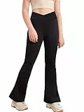 Haloumoning Mädchen Leggings Schlaghosen V Crossover Flared Yogahose Schlag Sporthose Kinder Ausgestellte Hosen für Yoga, Tanz, Laufen Schwarz 11-12 Jahre