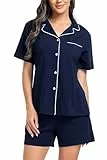 Lovasy Schlafanzug Damen Baumwolle Kurz Pyjama Set Kurzarm Schlafanzüge für Damen mit Knöpfen und Taschen,Marineblau,L