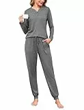 Bresdk Schlafanzug Damen Pyjama Lang Baumwolle Hausanzug Kuschelig Lounge Set Grau M
