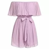 FYMNSI Damen Off Shoulder Jumpsuit Schulterfreier Chiffon Jumpsuit Kurz Playsuit Overall mit G�rtel R�schen Plissee Elegant Mini Playsuit Boho Strand Rompers Bodysuit Strampler Partykleid Violett M