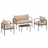 Outsunny 4-TLG. Gartenmöbel-Set, Gartengarnitur mit 2 Sesseln, 1 Couchtisch aus Hartglas, 1 Zweisitzer, Sitzgruppe mit Kissen, Sitzgarnitur für Balkon, Terrasse, Stahl, Khaki