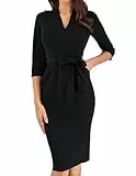 GRACE KARIN Damen Vintage Enges Kleid 3/4-Ärmel Abendkleid mit V-Ausschnitt Bleistiftkleid für die Arbeit Cocktail Formelles Etuikleid Elastisches Kleid M Schwarz