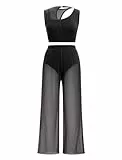 FYMNSI Damen Lyrische Tanzkostüme Moderne Zeitgenössischkeit Tanzbekleidung Ballett Outfit Ausschneiden Ärmellos Bauchfrei Tops mit weitem Bein Hose Set Jumpsuit für Tanz Bühne Yoga Schwarz S