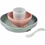 BÉABA, Baby-Essensset aus Silikongeschirr, Mit Saugnapf, Rutschfest, 4 Teile, Teller + Schüssel + Glas + Löffel, Gesundes und nachhaltiges Silikon, Spülmaschinenfest, Mikrowellengeeignet, Eucalyptus