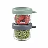 BEABA, 2er Set Glas-Portionsbehälter zur Aufbewahrung von Babynahrung/festes Glas, 100% luftdicht, hitzebeständig, kältebeständig, gefrierfest, sterilisierbar, graduiert, 150 ml, Salbeigrün/Mineral