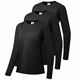 3er-Pack Damen Baumwoll Langarm T-Shirts Rundhalsausschnitt Feuchtigkeitstransportierende Shirts Bequeme Freizeit Oberteile Schwarz/Schwarz/Schwarz-05-M