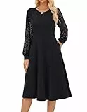 Damen Elegante Langarm Midikleider Baumwolle A-Linie Cocktailkleid Vintage Einfarbiges Tailliertes Kleider Schwarz L