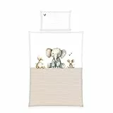 Herding babybest Kleinkinder-Bettwäsche-Set, Cuddle Crew, Wendemotiv, Bettbezug 100x135cm, Kopfkissenbezug 40x60cm, Mit Hoteleinschlag und Reißverschluss, 100% Baumwolle/Renforcé, Weiß/Beige