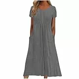 EMATOP Damen Sommer Midikleid Kurzarm Lässig Strandkleid Elegant Lang Sommerkleid Knielang Tunika Kleider Luftig Leicht Shirtkleid mit Taschen Freizeitkleid Hohe Taille A Linie Kleid Frauen