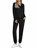 Terecey Trainingsanzug Damen Langarm Jogginganzüge Sportanzüge Atmungsaktiv 2 Teilig Hausanzug Tracksuit Bequeme Zipper Trainings-Jacke mit Taschen und Sporthose mit Bündchen, Schwarz XXL