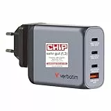 Verbatim GaN Charger 100 W, 4 Ports USB-C Ladegerät, Power Adapter mit 3 x USB-C und 1 x USB-A, Schnellladegerät als Mehrfachstecker, für Apple MacBook, Notebook, iPad, iPhone, Samsung und Co