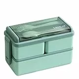 RAOPLA Lunchbox Stapelbare 1400ml Bento Box für Erwachsene mit 3 abnehmbaren Fächern, auslaufsicheres 2-lagiges Design, inklusive Gabel und Löffel (Rosa, Blau, Grün) (Grün)