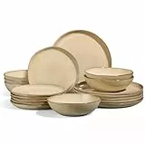 Joyfair Geschirrset 6 Personen, 18-tlg Steinzeug Tafelservice Set, Unregelmäßig Rund Geschirr mit Speiseteller, Dessertteller, Müslischalen, Mikrowellen- & Spülmaschinenfest, Reaktives Sandstein Khaki