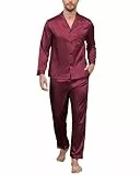 Mchodare Herren-Pyjama-Set, Seidensatin, langärmelig, Nachtwäsche, Knopfleiste, Loungewear mit Taschen, weinrot, S