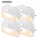 AmmToo Nachtlicht Steckdose mit Bewegungssensor, 4 Stück Warmweißes LED Indoor Treppenbeleuchtung, Auto EIN/AUS Sensor Licht Helligkeit Einstellbar für Flur, Treppe, Schlafzimmer