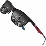 DUCO Herren Polarisierte Sonnenbrille mit Rechteckig Metallrahmen und Kohlefaser Brille Beine UV400 CAT 3 8206 (Schwarz Rahmen Rot Blau Tempel Grau Linse)