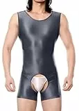 Adigau Herren Öl Glänzend Offener Schritt Body Grau Ärmelloser Einteiler Overall Jumpsuit Sexy Unterwäsche Glatte Stretch Tank Top Sportbody Leicht für Fitness XL