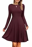 PLOKNRD Damen Strickkleid Herbst Langarm Kleider Elegant A-Linie Rundhalsausschnitt Freizeitkleid Winterkleid (Burgunderrot,XL)