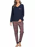 Vlazom Damen Schlafanzug Lang Zweiteiliger Schlafanzug Winter Pyjama Set V-Ausschnitt Langarm Pyjama Set（L，Marineblau）