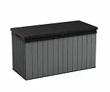 Keter Auflagenbox/Kissenbox Darwin 150-570 Liter l 100% Wasserdicht l mit Belüftung dadurch kein übler Geruch/Schimmel l Moderne Holzoptik l Deckel belastbar bis 300 KG (2 Personen), Graphit/Grau