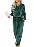 Lovasy Fleece Schlafanzug Damen Winter Lang Velour Warm Pyjama Set Langarm Hausanzug Schlafanzüge für Damen mit Taschen,Dunkelgrün,M