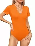 Missufe Damen Sommer Body V-Ausschnitt Kurzarm Figurbetonte Freizeit T-Shirt Bodysuit Tops (Orange, Groß)
