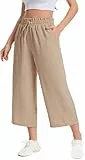 WUWUSKY Damen 3/4 Culotte Hose Leichte Sommerhose mit Taschen | Casual Lounge Hose mit Weitem Bein | Atmungsaktives Stoff Caprihose für Damen,Khaki,L