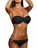 Minetom Damen Bikini Set Schwimmanzug Zweiteiliger Push Up Badeanzug Oberteil mit Bikinihose Bandeau Trägerlos Bademode Swimsuit A Schwarz M