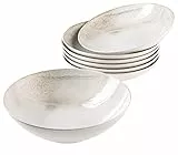 MÄSER 931948 Ossia Wooden Light, 7-teiliges Bowl Set aus Keramik, 1 Salat-Schüssel groß und 6 Schalen für Salat, Müsli, Suppe oder Pasta, Weiß dekoriert, Steinzeug