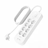 Belkin 8-Fach Steckdosenleiste mit Überspannungsschutz, Wandmontage, 8 Steckdosen, 2-m-Netzkabel, grüne Leuchtanzeige, 2 USB-C-Anschlüsse mit USB-C PD zum Schnellladen; Schutz für 900 Joule