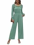 Jumpsuit Damen Sommer Lang Rüsche Ausschnitt Hohe Tailliert Einteiler Weites Bein Herbst Outfit Freizeit Overall mit Tachen Graugrün L (46-48)