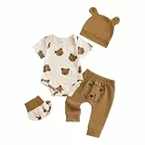 Himllauen Baby Jungen Kleidung Strampler Latzhose und Hut Set 3-teilige Bekleidungssets für Jungen Baby Set Neugeborene Geschenk Baby Klamotten Junge (4-teiliges Braun, 0-3 Months)