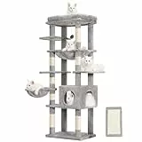Hey-brother kratzbaum, mehrstöckiger Stabil Katzenbaum Mit groß liegefläche, gemütlicher hängematte und Katzenkorb, Höhe 145 cm, Hellgrau EMPJ057W