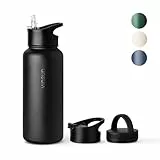Vinsun Thermosflasche schwarz 1L - auslaufsicher, Kohlensäure geeignet, BPA frei - Strohhalm, Trinköffnung - isolierte Trinkflasche Edelstahl für Sport, Schule, Fahrrad, Büro, Camping