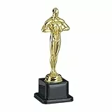 Relaxdays Siegerfigur, quadratischer Sockel, Figur mit Kranz, Siegertrophäe, Hollywood, 18,5 cm groß, gold