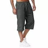 Generisch Dreiviertel Hose Herren Pyjama Hosen Kurz 3/4 Sport Bermuda Shorts Sporthose Lang Kurze Jogginghose Leinen Sommer 7/8 Baggy Baumwolle Caprihose Wander