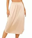 Wikoan Unterrock Lang Satin Rock Unterkleider für Damen mit Spitze Elastische Taille Halbe Slips Petticoat Kleid Nude XXL