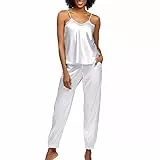 DKaren Satin Pyjama Damen Set Day M - Zweiteiler Nachtwäsche Damen - Damen Pyjama mit Trägerbluse und Langer Hose - Pjama Set mit Spitze am Ausschnitt - Satin Schlafanzug Weiß