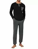 Uniexcosm Schlafanzug Herren Lang Winter Zweiteiler Baumwolle Pyjama Set Langarm Oberteil mit Knöpfen und Pyjamahose Nachtwäsche für Männer Schwarz XL