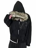 ORANDESIGNE Y2K Hoodie Herren Zip Up Kapuzenpullover Jacke mit Fellkapuze Warmer Pelz Wintermantel Streetwear A Schwarz L