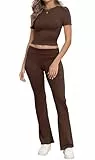 IWOLLENCE Lounge Set Damen Zweiteiler Hausanzug Kurzarm Oberteil mit Breitem Elastischem Hosenbund Schlaghose Loungewear Set (Dunkelbraun, L)