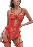 Satohom Dessous-Sets für Damen, sexy Spitzen-Body Push-Up BH mit Oberschenkelmanschetten, EIN StückNachtwäsche Unterwäsche, Teddy-Babydolls mit Strumpfgürtel, ohne Strümpfe Einheitsgröße