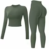 Nahtloses Workout-Set für Damen, 2-teilig, langärmelig, bauchfreies Top, versteckte Scrunch-Leggings, Yoga-Outfits, Fitness-Trainingsanzug, Grüner Marmor, S