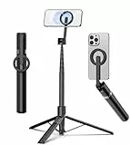 TONEOF 173cm Magnetisches Selfie Stick Stativ, Stark Magnetischer Aluminium Halter für Magsafe, 360° Drehbar, Einziehbares Einbein Stative mit Metallring&Fernbedienung, Tragbares Handystativ-Schwarz