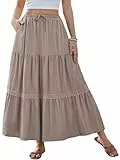 DJT Rock Damen Spitzenbesatz Boho Maxirock Elastisch Taille Casual A-Line Elegant Lang Röcke mit Taschen Kaffeegrau X-Large