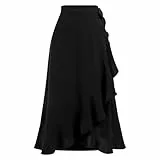 Odizli Wickelrock Damen Midi Rock Sommerrock Elegant High Waist Rüsche Vokuhila A-Linie Swing Midirock Faltenrock Sommer Lang Maxirock Festlich Hochzeit Hochzeitsgast Röcke Schwarz S