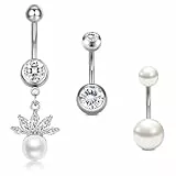 Crdifu 14G 10mm Bauchnabelpiercing Silber Hängend, 1,6mm Bauchnabel Piercing Perle Anhänger 316L Edelstahl, 3er Set Bauchpiercing Glitzer Stein Kristall, Bananabell Piercing Hypoallergen Damen