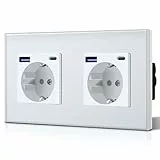BSEED Steckdose aus Glas mit 20W USB C, Schnellladegerät Wandsteckdose, 3 in 1 Unterputz Steckdosen, Einfache Installation, 240V 16A, 157mm 2 Fach Weiß