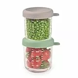 BÉABA, Set mit 2 Glasbehältern zur Aufbewahrung von Babynahrung/extra widerstandsfähiges Glas, 100% dicht, temperaturbeständig, gefrierfest, sterilisierbar, mit Skala, 250 ml, Salbeigrün/Gazelle